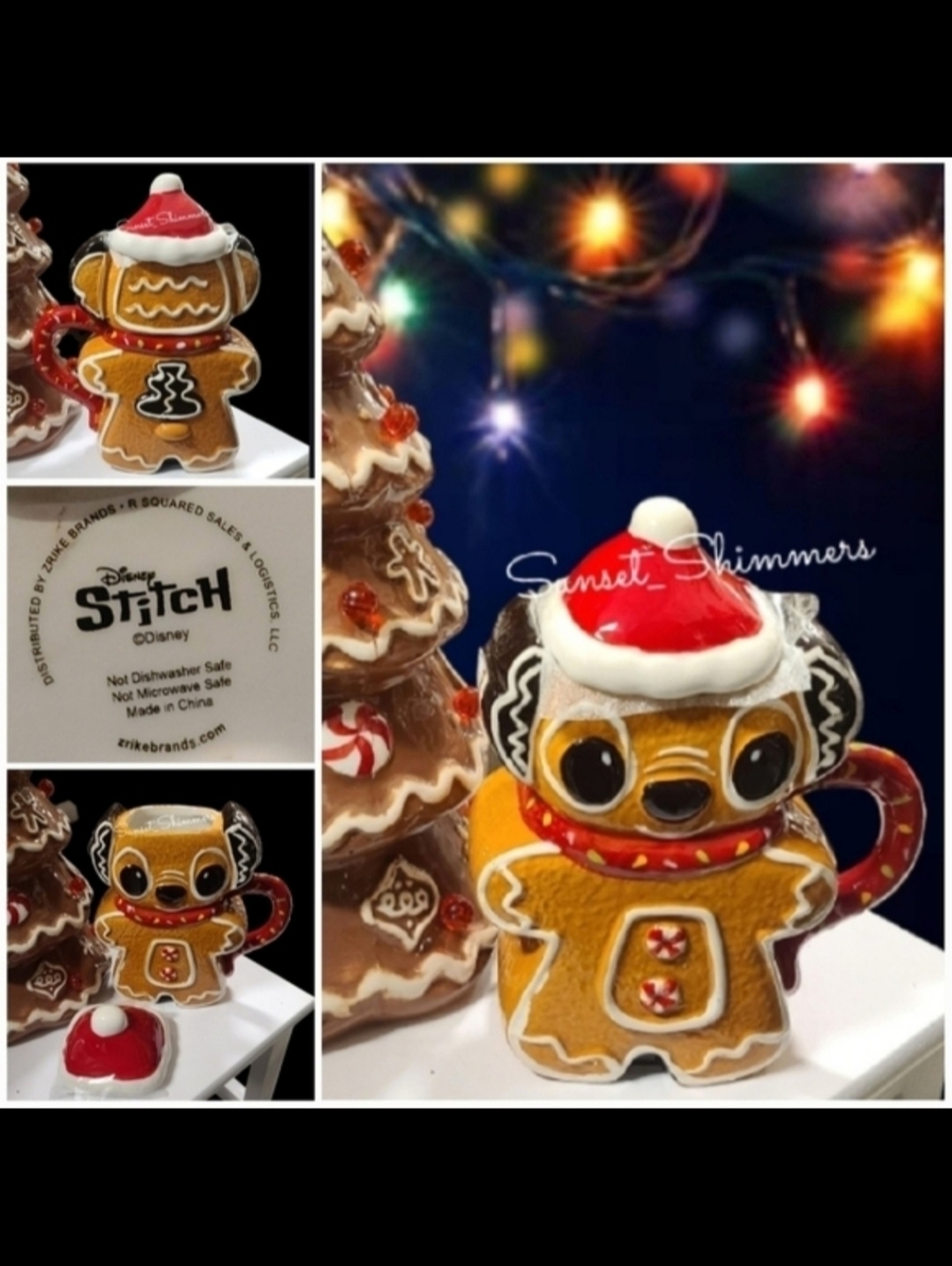 Disney Stitch Gingerbread Cookie Christmas Mug With Santa Hat Topper NEW